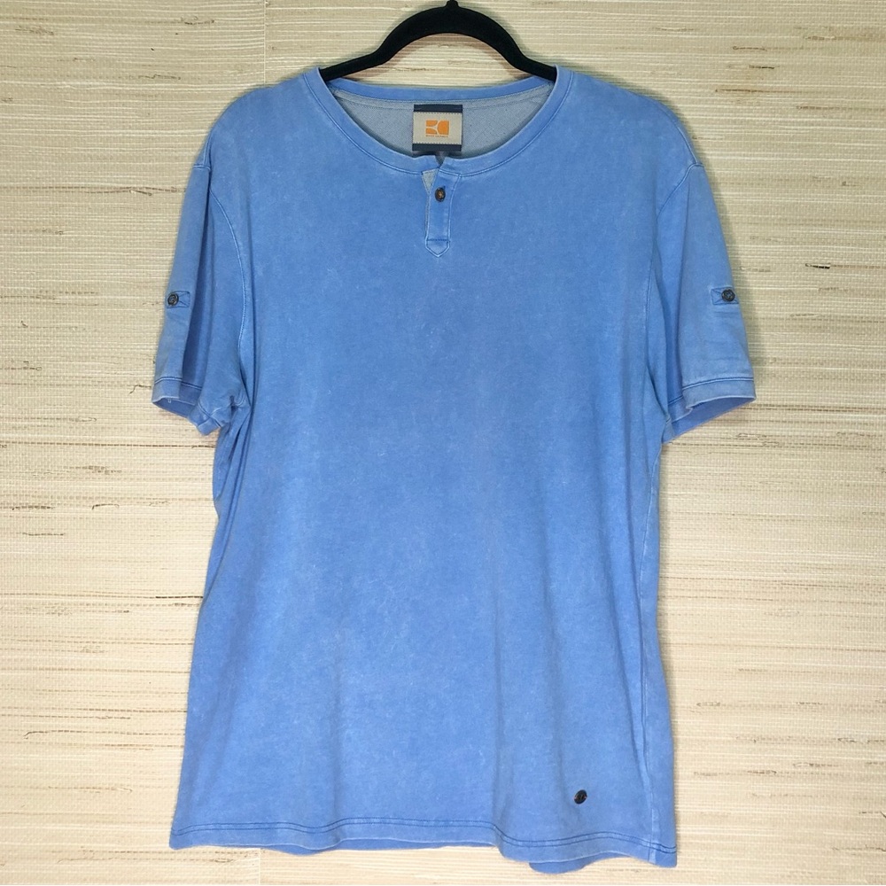 Boss Orange Light Blue Wash Split Neck Short Sleeve Cotton Shirt size Large